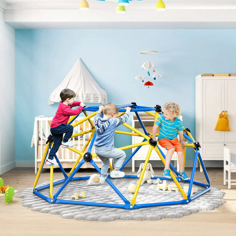 Kids playing on 6 Ft Geometric Dome Climber For Kids Indoor Outdoor Play Set With Durable Climbing Grips Supports Up To 600 Lbs
