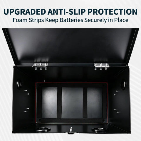 Inside view of Built Tough Stainless Steel Battery Box For Group 24 And 27 Batteries with foam strips for secure positioning.