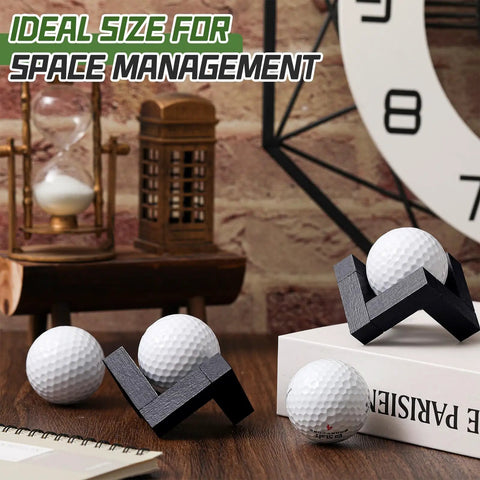 Wooden Golf Ball Display Stand 1.97 Inch Black Display Case with golf balls on desk, showcasing walnut wood finish in office setting.