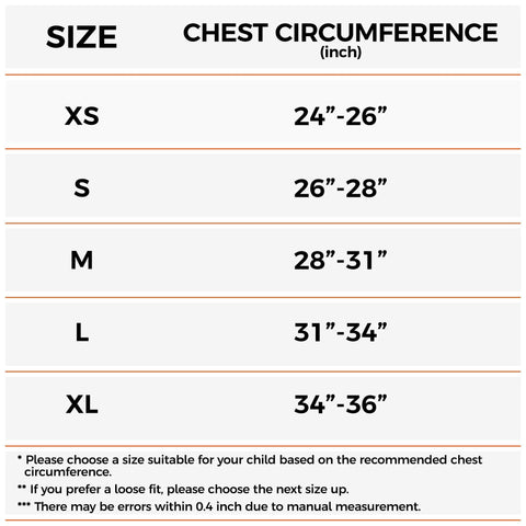 Size chart for Youth Chest Protector Padded Shirt For Baseball And Softball With EVA Foam Heart And Sternum Guard Kid Friendly