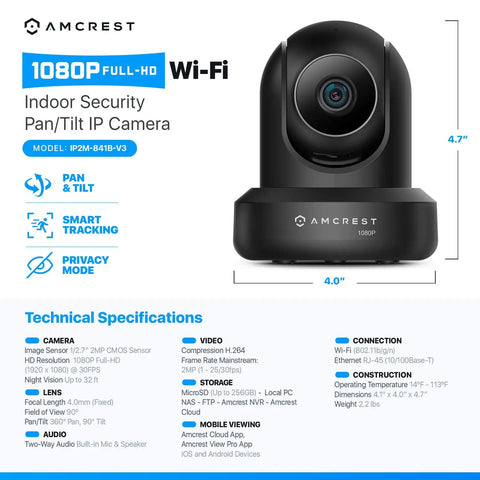 1080P WiFi Indoor Pan Tilt Security Camera, 2MP Wireless IP Surveillance Camera With True HD Video, 90 Degree Wide View, Remote Pan Tilt, Night Vision, IP2M-841B Black, Easy App Access, Real-Time Monitoring For Home