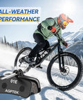 Mountain biker on snowy trail with High Performance Semi Metallic Mountain Bike Brake Pads 4 Pairs For Disc Brakes shown in foreground.