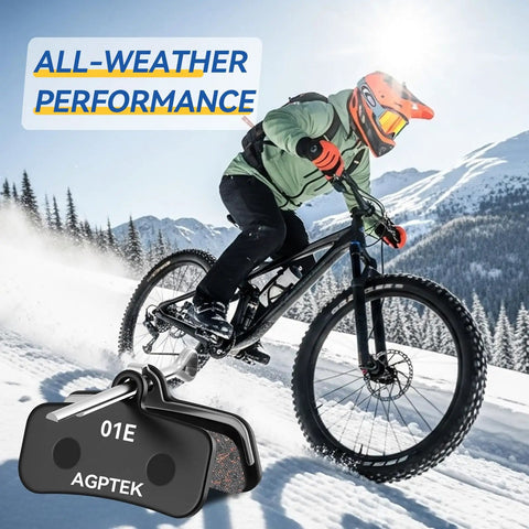 Mountain biker on snowy trail with High Performance Semi Metallic Mountain Bike Brake Pads 4 Pairs For Disc Brakes shown in foreground.