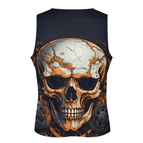 Mens Metal Gear Skull Graphic Tank Top Quick Dry Cotton Sleeveless Muscle Tee Gym Rave Beach Large Back View with Skull Design
