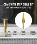 Step drill bit with drill making clean round holes in sheet metal, sizes 4-12mm, compatible with Dual Head Sheet Nibbler Metal Cutter Power Drill Attachment For Quick Sheet Metal Cutting This Cutting Tool Delivers Clean Edges With Dual Heads Easy Install White Finish Perfect For DIY Pros