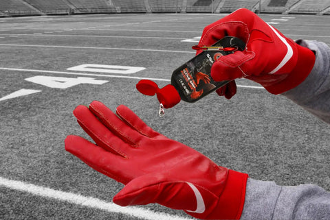 Football Glove Grip Gel 2 Oz Bottle - Restores Sticky Grip To Any Brand Gloves, Quick-Drying, Non-Toxic And Biodegradable Formula, Easy To Apply, Keeps Gloves Like New, Black on red football gloves