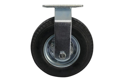 Built Tough 8 Inch Pneumatic Caster Wheel With Rigid Plate And 220 Pound Load Capacity Featuring Precision Ball Bearing Hub, front view.