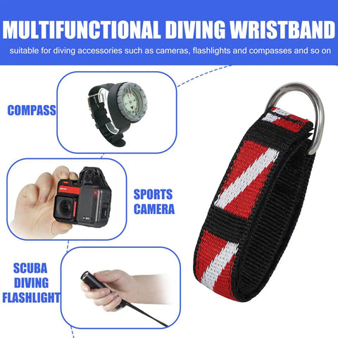 Scuba Diving Wrist Strap Adjustable Dive Wristband With Stainless Steel D Ring for cameras and compasses, nylon dive flag pattern