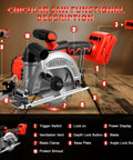 No Frills Hardcore Six Inch Cordless Circular Saw With Brushless Motor And 6200 Rpm Speed displaying functional features on a wooden surface.
