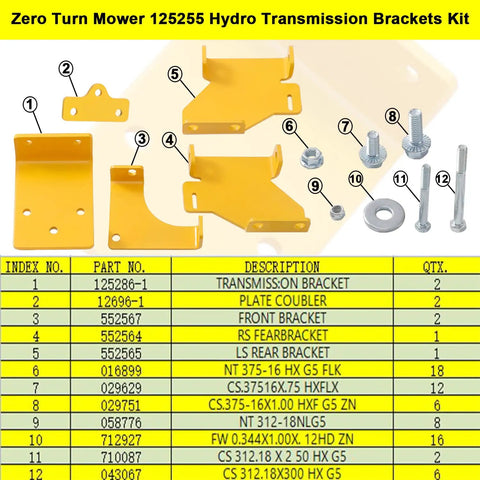 Hustler Raptor SD And SDX Zero Turn Hydro Transmission Brackets Kit With Left And Right Brackets And Hardware Compatible With 125255 Replacement 552564 552565 552566 552567