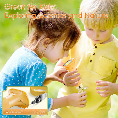 Totally Rad Kid Friendly Portable Digital Microscope With 2 Inch IPS Display And 1000X Magnification Handheld USB Microscope For PC Compatible A Cool Science Gift For Kids Students kids using orange handheld microscope outdoors with lanyard