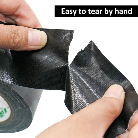 Close-up of hands tearing Five Roll Pack Black Duct Tape Rolls For DIY Projects, Heavy Duty 8.3 Mil Thick 1.88 Inch Wide By 35 Yards Each