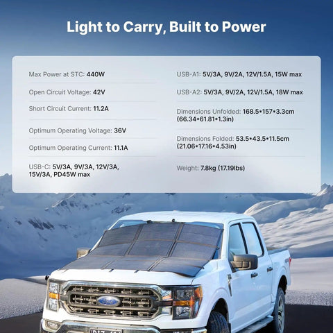 440W Portable Solar Panel System With Foldable Solar Bag on truck hood in mountainous area