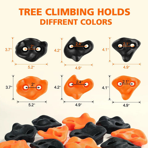 20 Ninja Tree Climbing Holds Kit With 6 Ratchet Straps, orange and black holds with dimensions shown, outdoor training set.