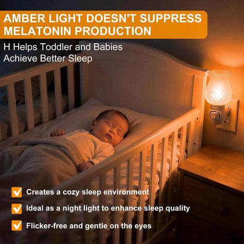 LED Night Light Bulbs 1W E12 C7 Replacement 2200K Warm Amber 120V Low Watt Candelabra Christmas Light Salt Lamp Bulbs 4 Pack Blue Light Blocking, illuminating a nursery with a cozy glow near a sleeping baby.