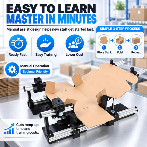 Heavy Duty Manual Adjustable Carton Folder With Quick Slide Lock Design For Zero Hassle Box Packing and Shipping Prep shown on packing table.