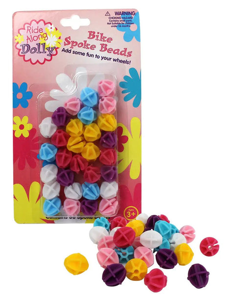Pack of 30 colorful spoke beads for kids bikes, including spokies in yellow, blue, white, pink, and purple for universal fit.