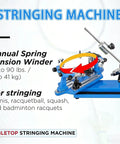 Tabletop No-Fuss Pro Grade Badminton And Tennis Racket Stringing Machine With 6 Point Fixing in blue, shown with manual winder.