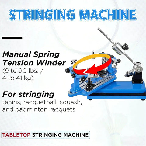 Tabletop No-Fuss Pro Grade Badminton And Tennis Racket Stringing Machine With 6 Point Fixing in blue, shown with manual winder.