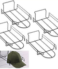 Four piece metal hat display racks for slat wall measuring 13 by 7.9 by 3.8 inches, shown with a green baseball cap
