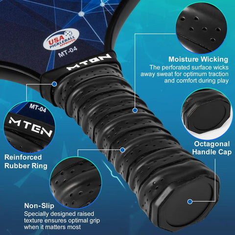 Close-up of grip details on Two Paddle Pickleball Set With USAPA Approval Includes Balls Bag And Grip Tapes Pro Grade Fiberglass Paddles