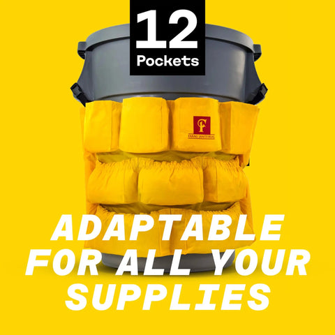 Heavy Duty Trash Can Caddy With 12 Pockets For 32 To 55 Gallon Cans, XL Size, Built To Last, Keeps Your Cleaning Gear Neat And Ready With Straps And Clip On Secures On The Can