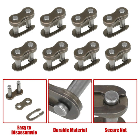 Close-up of master links from the 25H Chain 132 Link And MX650 Chain Tensioner Replacement Kit for Razor MX dirt bikes.
