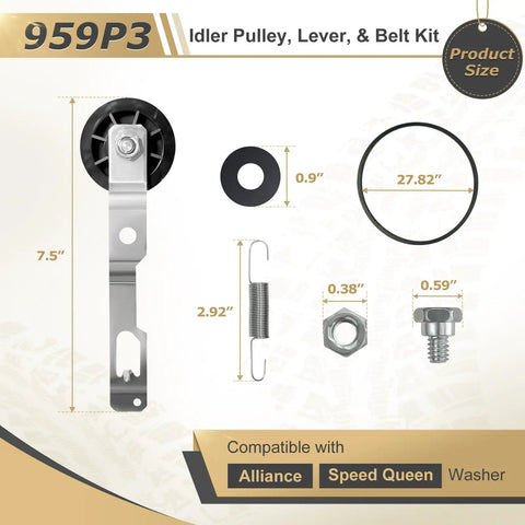 Washer Idler Pulley And Lever Belt Kit For Alliance And Speed Queen Washers Replacement Part 2020782 AP4489045 Includes Idle Lever Assembly And Spring And Agitation And Rotation Belt For Easy Replacements. 959P3 size chart with pulley, lever, spring, belt, nut, bolt