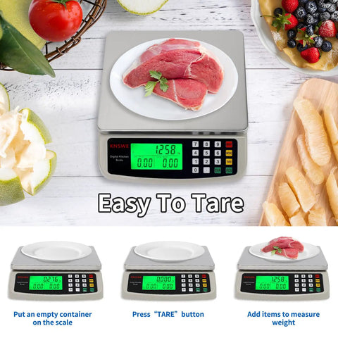 40Kg Commercial Digital Kitchen Scale With Tare Function displaying weight of meat on stainless steel platform in kitchen setting
