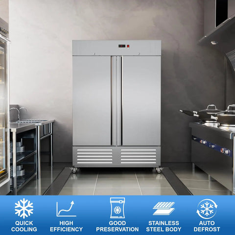 54 Inch Wide Two Door Commercial Freezer Featuring 49 Cubic Feet Of Sleek Stainless Steel Build And Automated Digital Thermostat Control in a kitchen setting.
