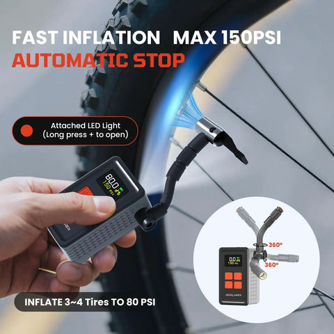 Mini Bike Tire Pump With 150 PSI Fast Inflation And Auto Stop Gauge Presta And Schrader Valve On The Go Electric Air Pump For Road And Mountain Bicycles EBikes Motorcycles And Sports Balls