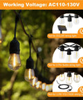 Outdoor string lights with Six Pack 2W LED Light Bulbs Equivalent To 15W 20W For S14 Replacement, showing voltage compatibility