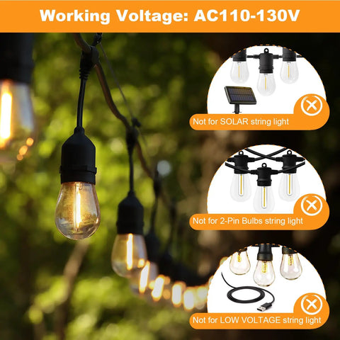 Outdoor string lights with Six Pack 2W LED Light Bulbs Equivalent To 15W 20W For S14 Replacement, showing voltage compatibility