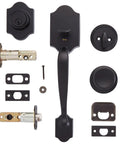 Front Door Lock Set With Tulip Knob Handleset In Matte Black Exterior Single Cylinder Lock and Level Handle components displayed