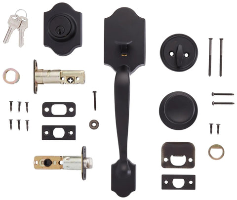 Front Door Lock Set With Tulip Knob Handleset In Matte Black Exterior Single Cylinder Lock and Level Handle components displayed