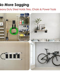 Beefy Heavy Duty Garage Hooks 8 Pack for Wall Mount Storage holding tools, ladder, bike, and more on wall in four different views.