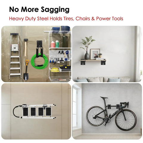 Beefy Heavy Duty Garage Hooks 8 Pack for Wall Mount Storage holding tools, ladder, bike, and more on wall in four different views.