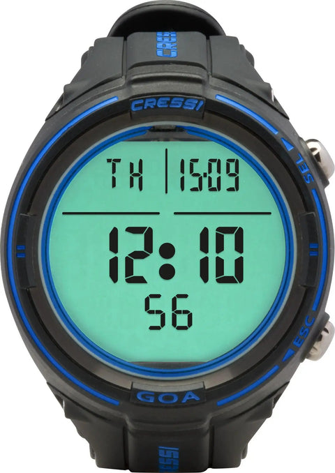 Goa Scuba Diving Computer Black Blue With Fast CPU And Long Lasting Battery Life showing time and day display
