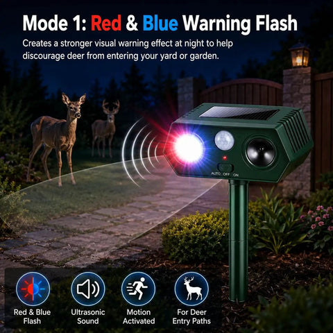 Two Gear Solar Ultrasonic Animal Deterrent With Motion Sensor Strobe Flash Yard Garden Deer Cat Rabbit Repeller For Plants And Vegetables Habituation Proof 2026 Upgrade, red-blue flash night view