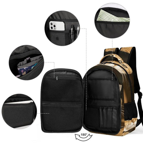 Open view of Green Eye Golden Cat Printed Unisex Backpack With Large Capacity, Durable Breathable Polyester, Smooth Zipper compartments