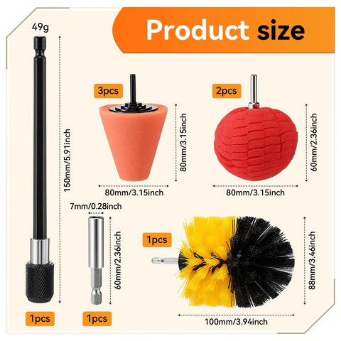 Diagram showing sizes of components in Eight Piece Aluminum Wheel Polishing Kit For Drills With Foam Sponge Polishing Balls Extension Holder.