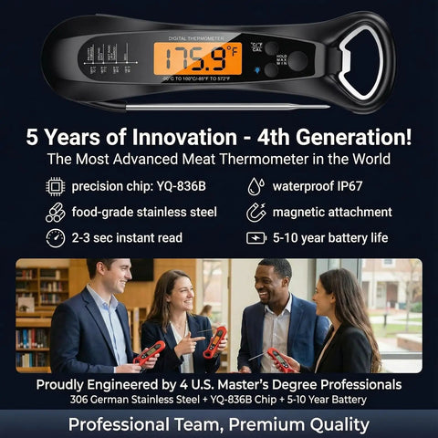 Instant Read Digital Meat Thermometer with Waterproof Probe, NIST Certified, bright LED screen, professional team