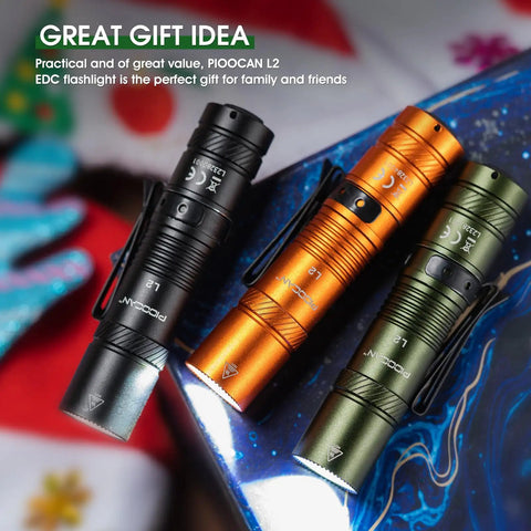 Rechargeable 1200 Lumen EDC Flashlight With Clip AA Pocket Light For Camping Home And Emergencies in black, orange, and green.