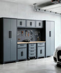 9 Piece Garage Storage Cabinet System With Locking Steel Cabinets, Locker Units, Wall Cabinets, Rollers, 71 Inch Workbench, Pegboard