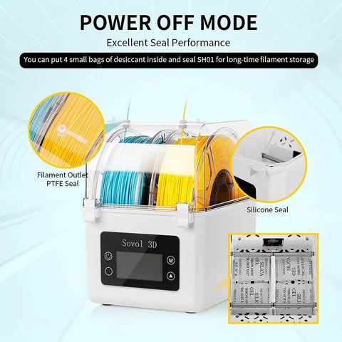 Moisture Busting Filament Dehydrator Dry Box With Upgraded Fan for 3D Printing showing interior seal and filament storage feature.
