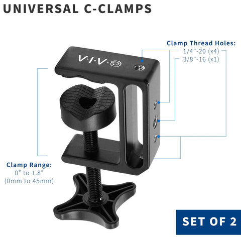Beefy Aluminum C Clamps With 1/4-20 And 3/8-16 Sockets, Fit Desktops Up To 1.8 Inches, 2 Pack Black, shown disassembled
