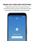 Smartphone displaying Google Nest app with sign-in screen, promoting data security and privacy features.