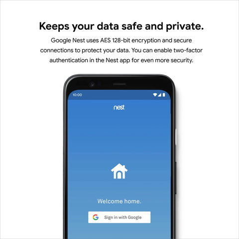 Smartphone displaying Google Nest app with sign-in screen, promoting data security and privacy features.