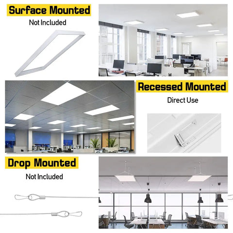 2x2 LED Flat Panel Light With Five CCTs 3000K 3800K 4500K 5200K 6000K 40W 5000LM Recessed Drop Ceiling Lay In Fixture For Office Garage Home ETL Listed Four Pack showing installation options.