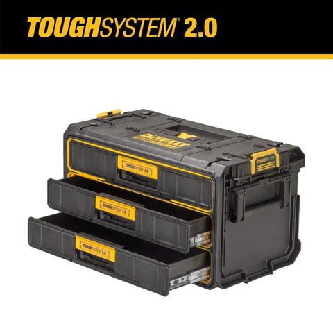 ToughSystem 2.0 3 Drawer Tool Organizer And Storage Module with open drawers, showing ball bearing slides for tools and accessories.